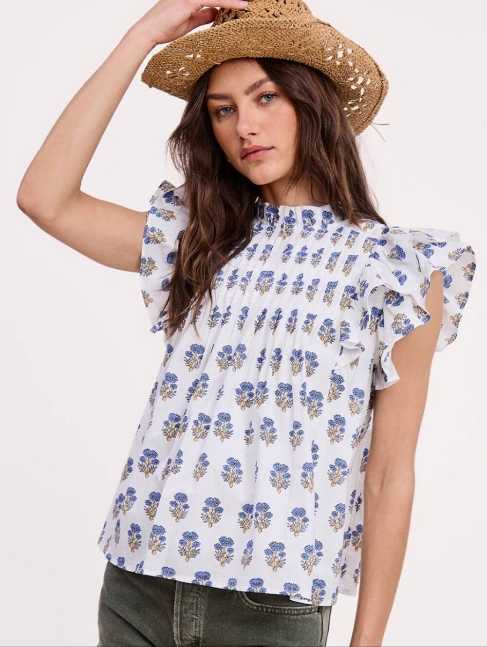 Floral Cluster Blouse Block Print Blue White Flutter Sleeves - Picture 1 of 7